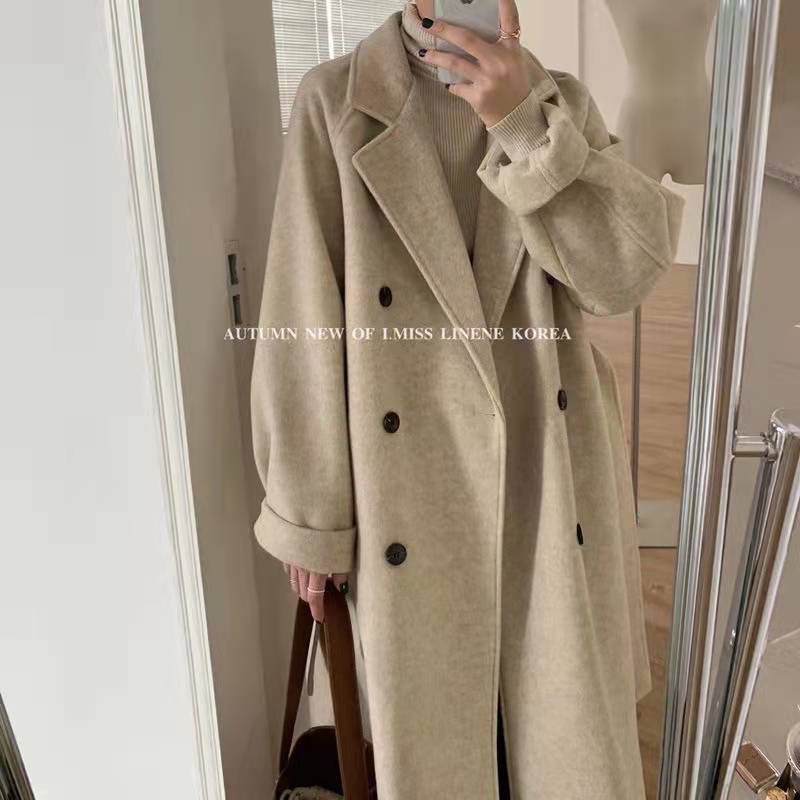 Petite Hepburn-Inspired Mid-Length Woolen Coat For Women