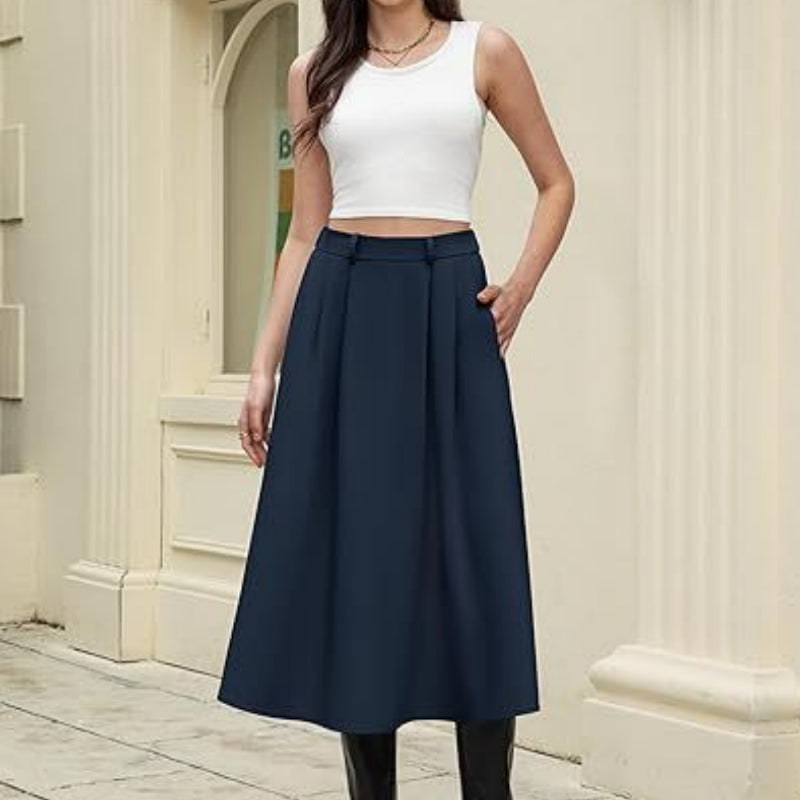 Business Casual Flared A Line Pleated Skirt With Pockets