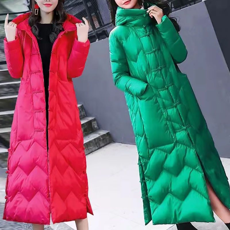 Women's Retro Knee-Length Coat With Frog Button Duck Down