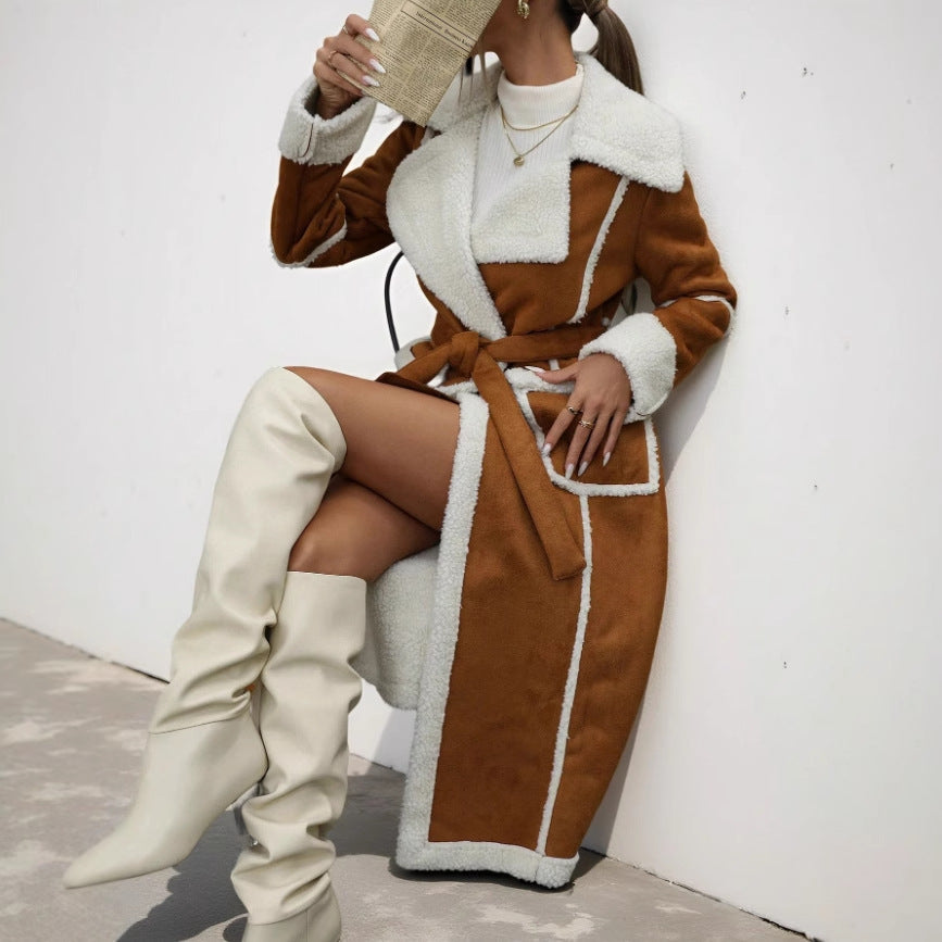 Long Lamb Wool Coat With Fur Lined Collar And Fleece Insulation