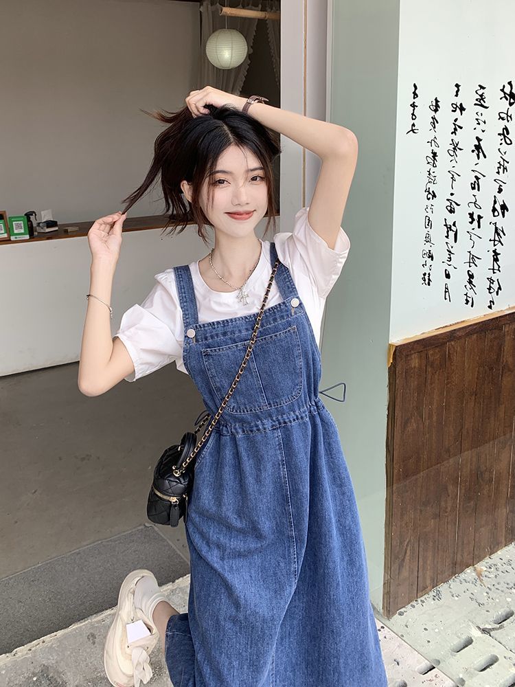 Mid Length Denim Overall Dress With Adjustable Straps For Summer