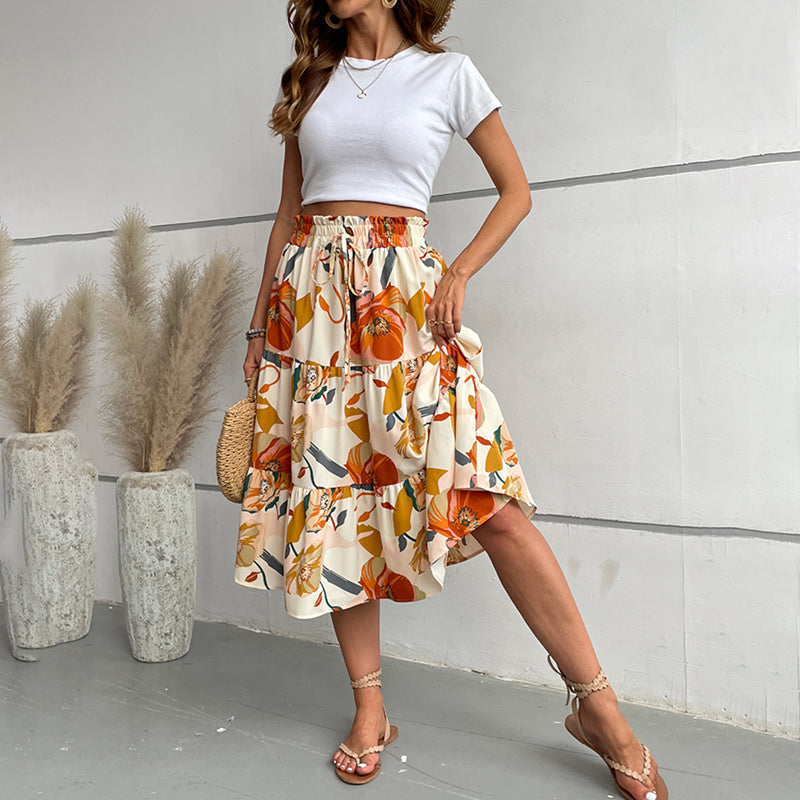 Floral Tiered Midi Skirt With Elastic Waist For Boho Charm-Theone Apparel