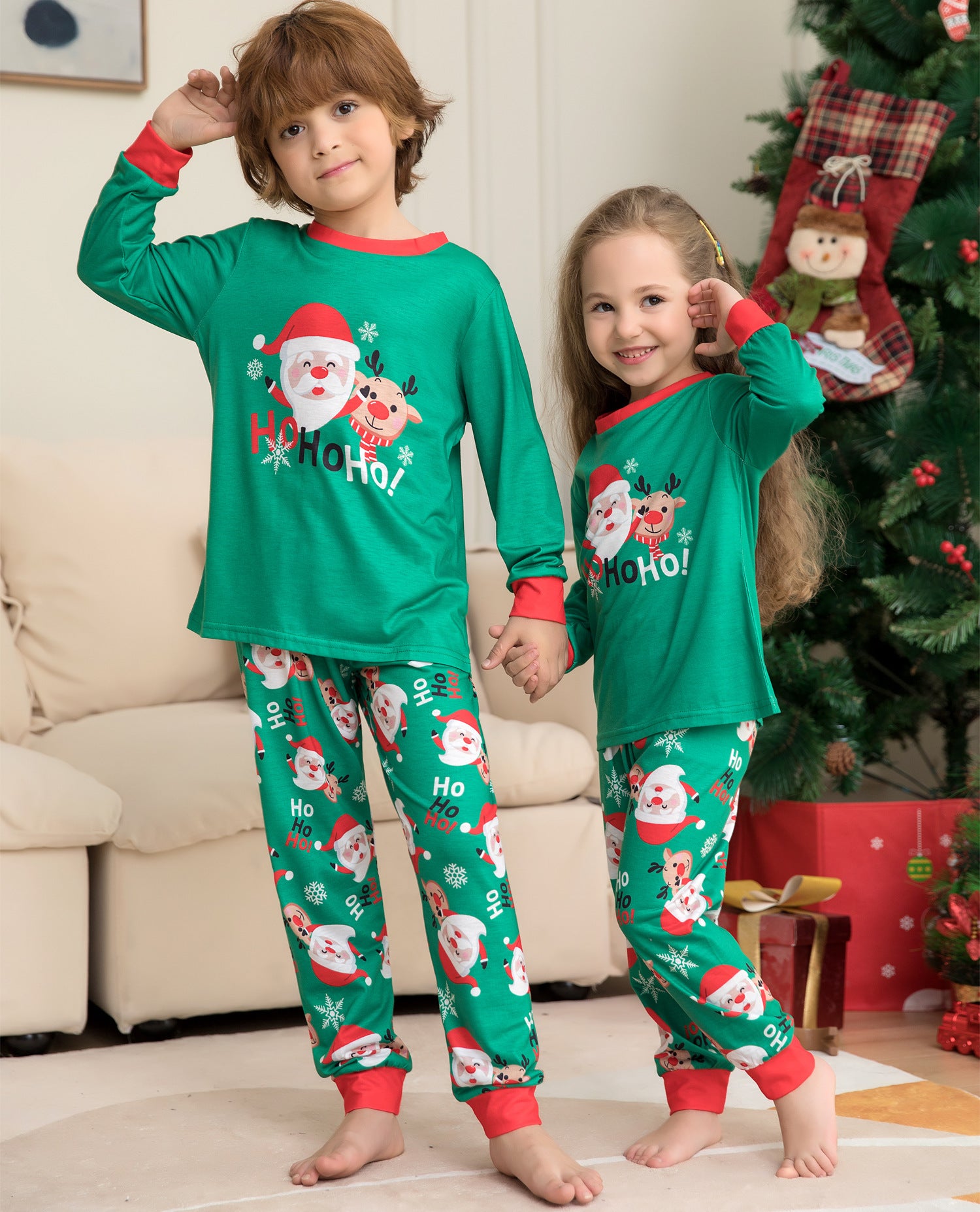 Ho Ho Ho Green and Red Matching Family Christmas Pajama Set-Theone Apparel