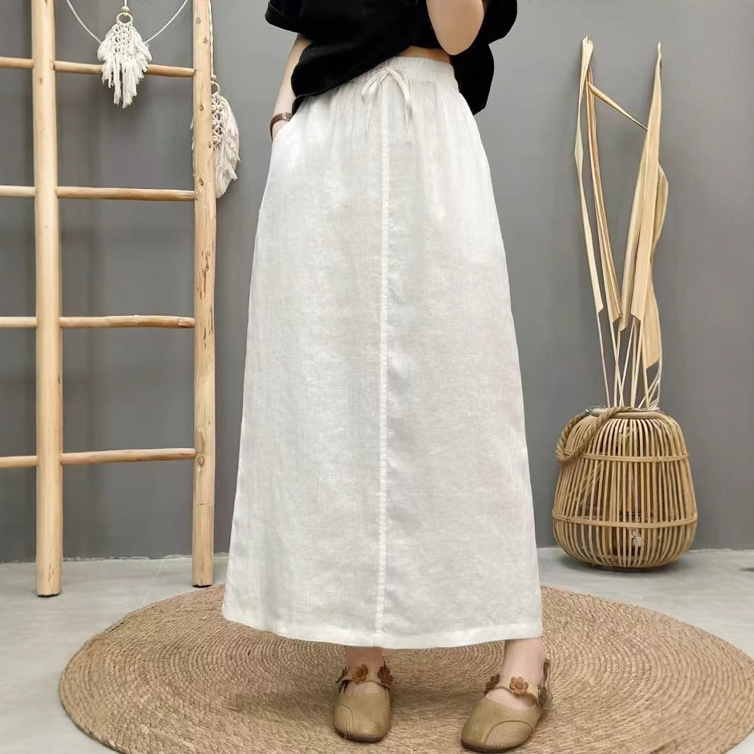 Lace Up Linen High Waist Skirt With Back Slit-Theone Apparel