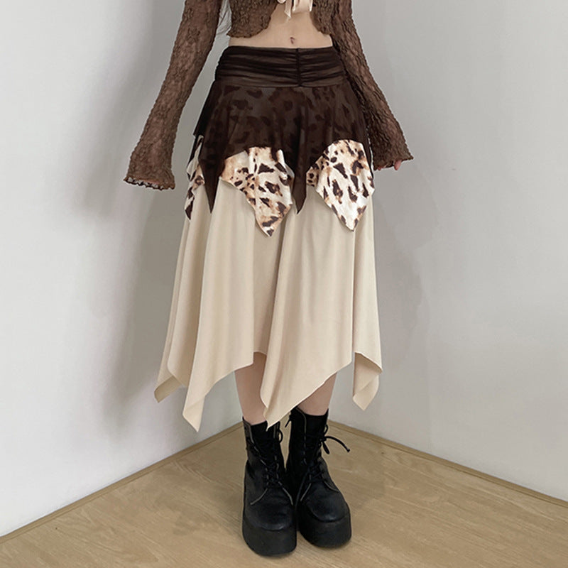 Leopard Print Mesh Pleated Skirt With Irregular Hem-Brown and Beige-Theone Apparel