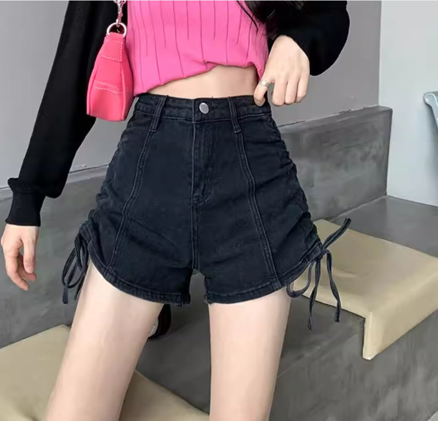 Light A-Line Denim Shorts with Drawstring and Wide-Leg Fit-Black-Theone Apparel