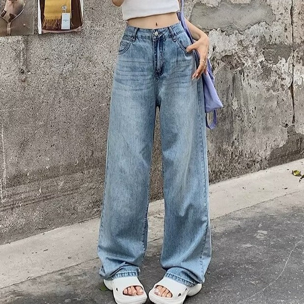 Plus-Size High-Waist Small Flared Jeans with Relaxed Fit-Light Blue-Theone Apparel