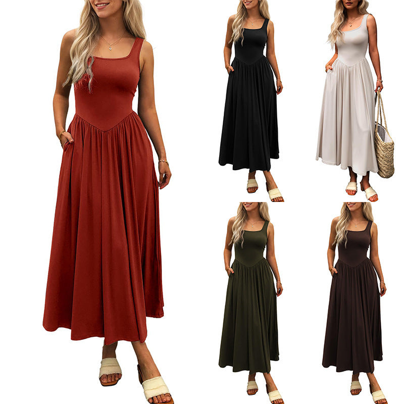 Square Collar Pleated Dress with Modern Sling Silhouette-Theone Apparel