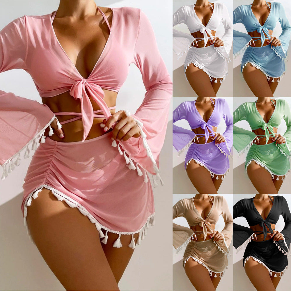Women's Tassel Fringe Two Piece Long Sleeve Swimsuit Coverup-Theone Apparel