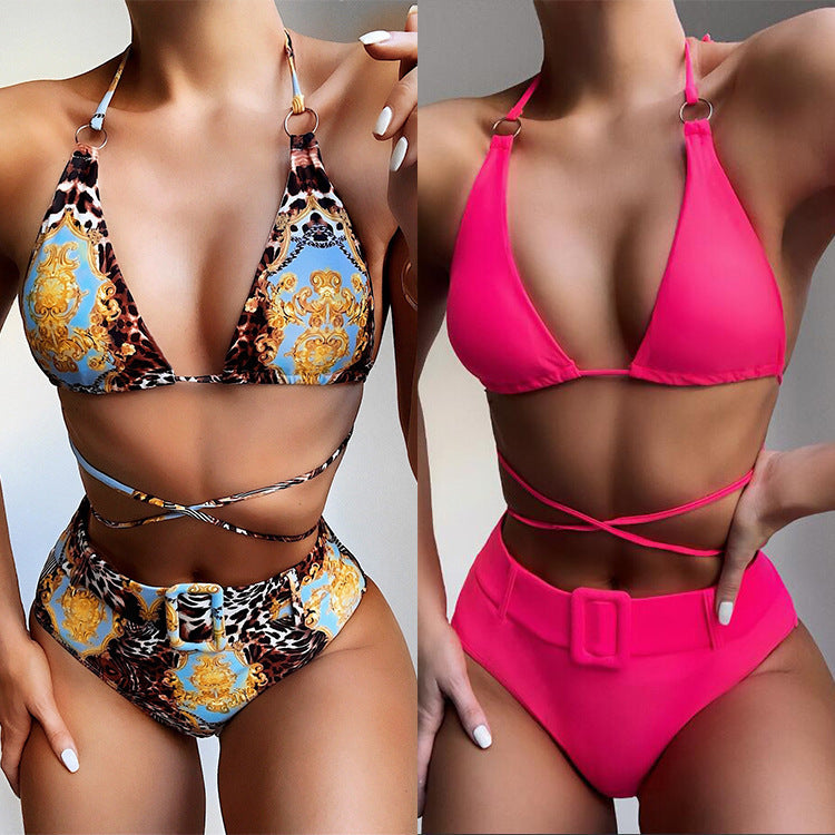 Women's Two Piece Bikini with Belt Buckle and Waist Straps-Theone Apparel