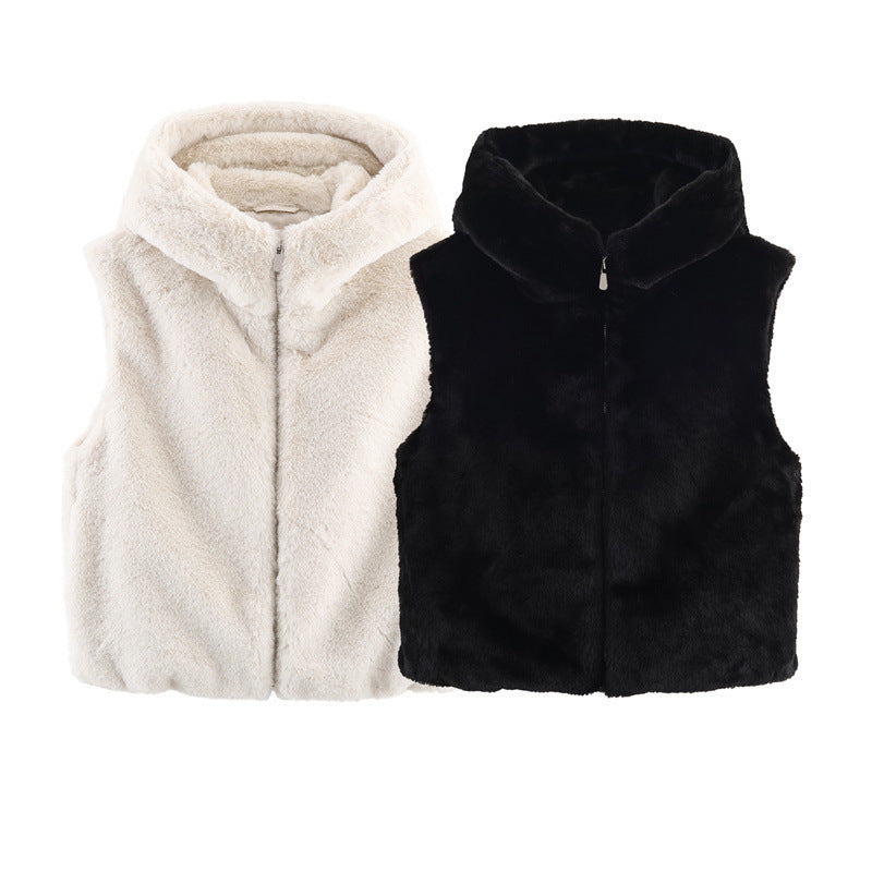 European American Hooded Faux Fur Effect Vest For Women
