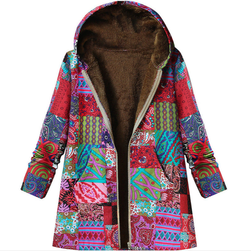 Retro Printed Hooded Zipper Coat With Large Pockets For Women