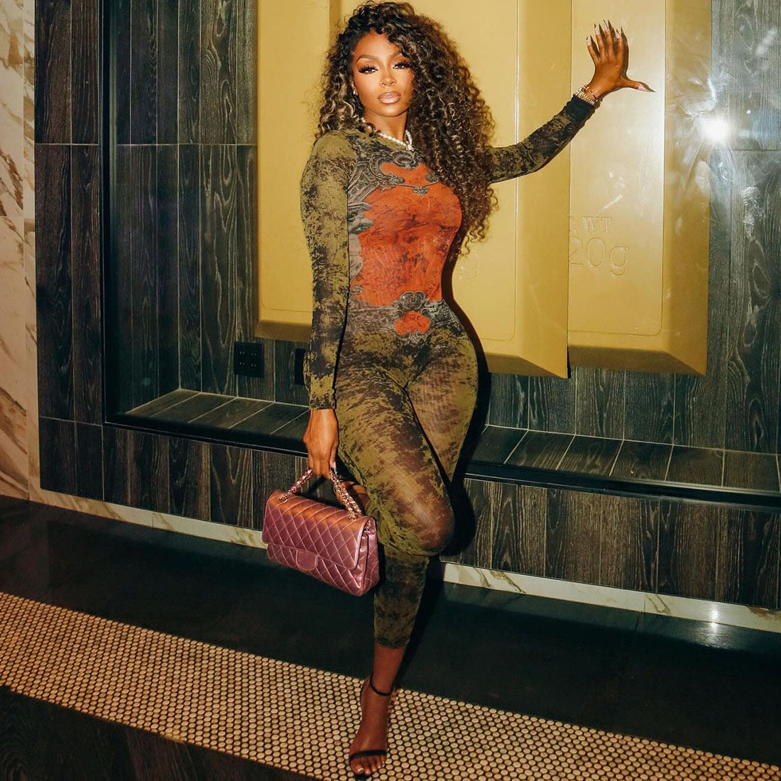 Women's Printed Sexy Mesh High Waist Slim-fit Zipper Long-sleeved Jumpsuit