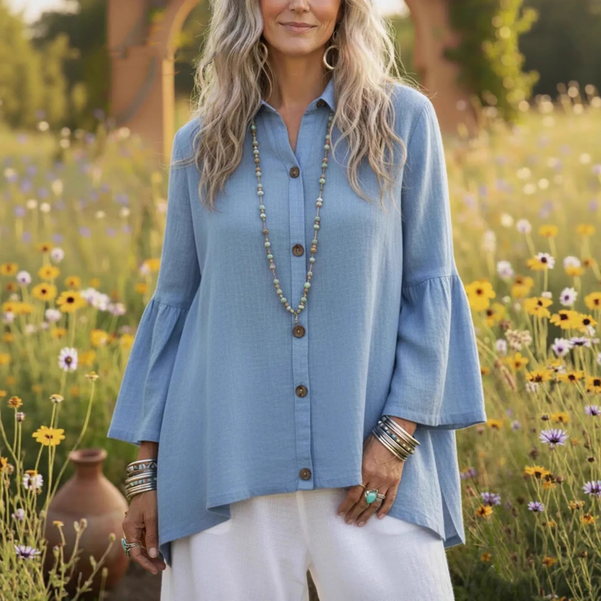 Women's Loose Solid-color Cotton-Linen Flare-sleeve Shirt