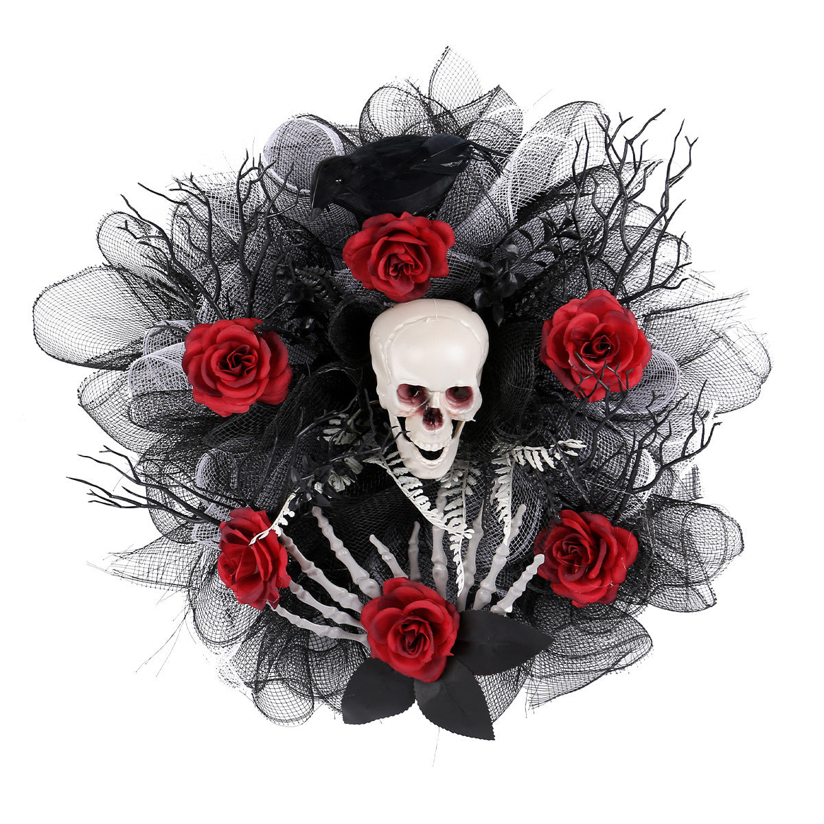 Skull en Roses Halloween -stijl krans in rood, zwart en grijs