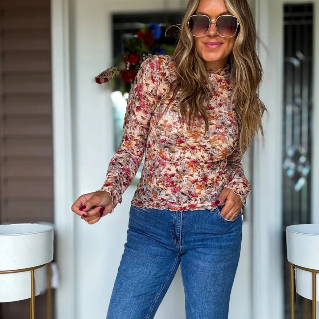 Women's Casual Long-Sleeve Lace Floral Mesh Top