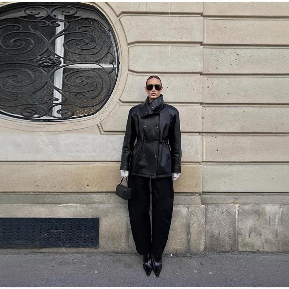 Women's Fashion Black Mid-length Leather Jacket