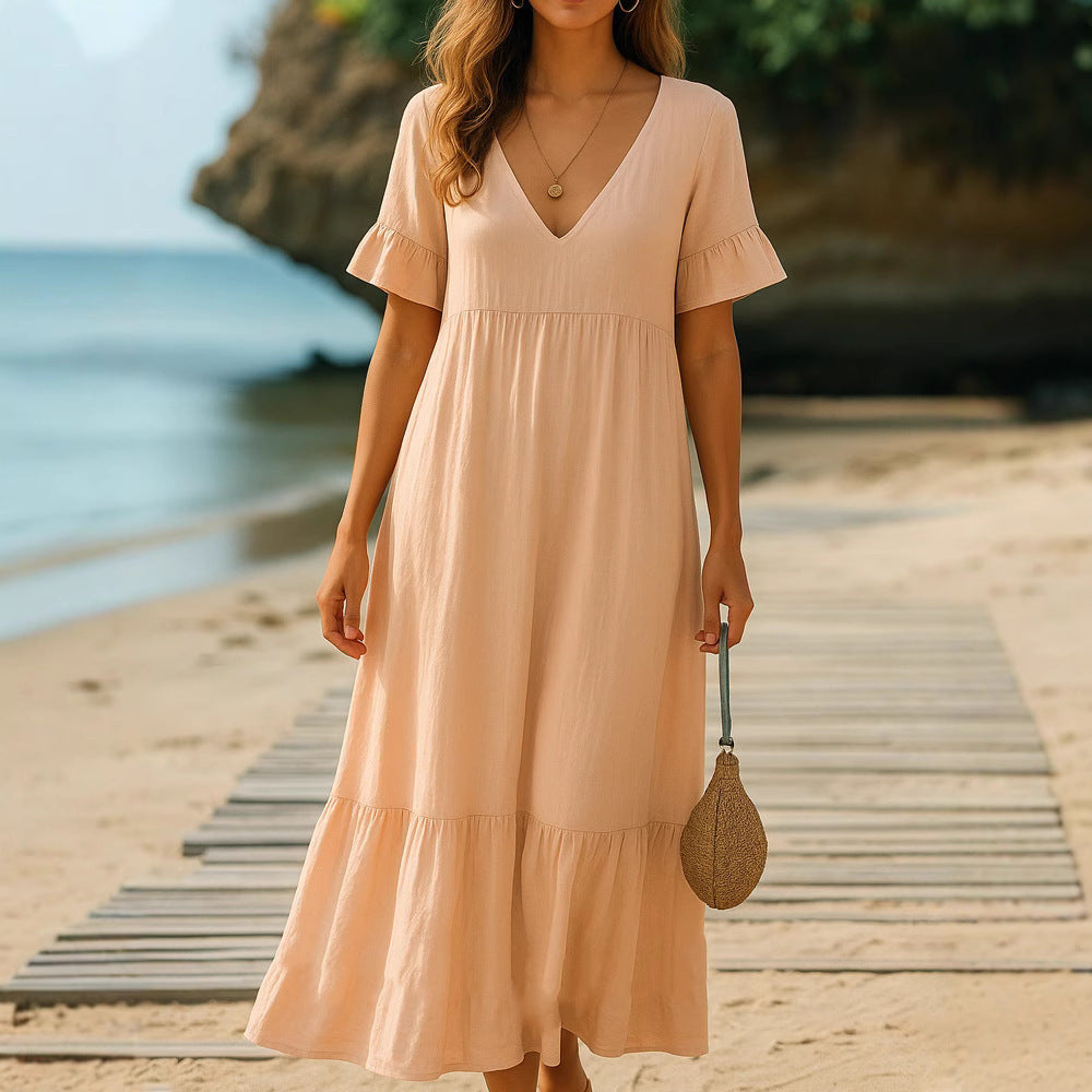 Chic V-Neck Solid-Color Dress with Multicolor Stitching Accents