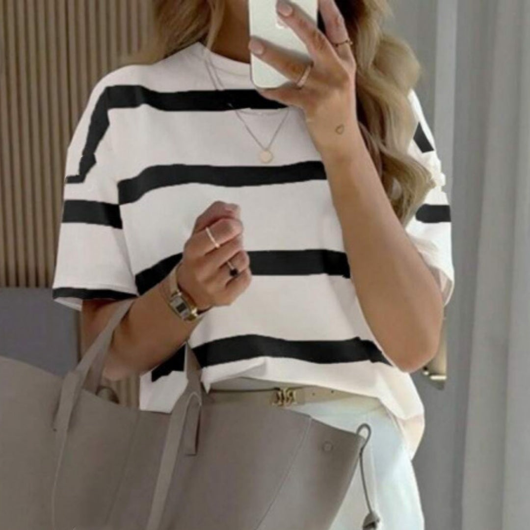 Women's Fashionable Casual Loose-fitting Striped Short-sleeve Top