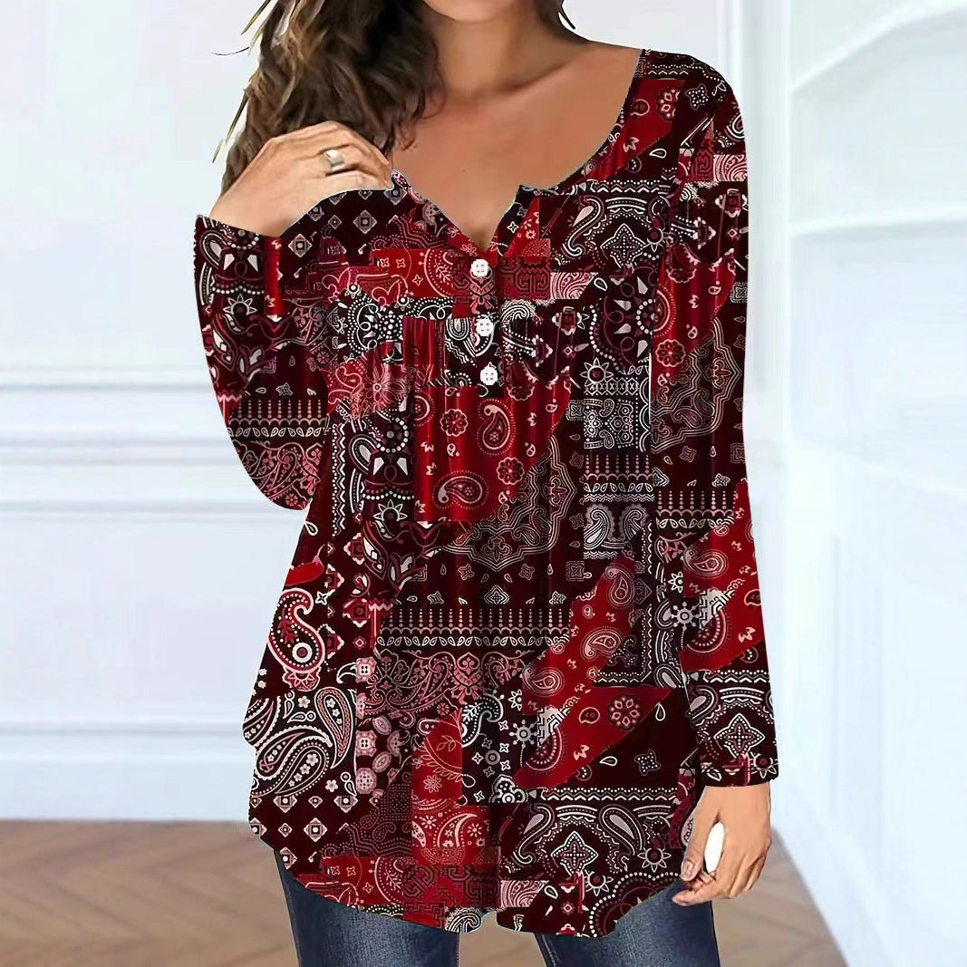 Loose-fit Buttoned V-neck Top Women's T-shirt