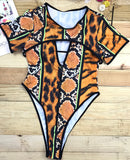 Women’s One Piece Mixed Animal Print Short Sleeve Swimsuit