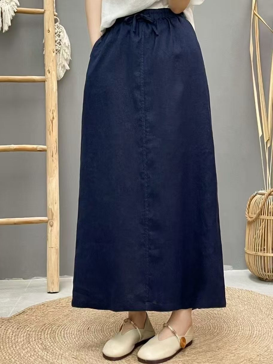 Lace Up Linen High Waist Skirt With Back Slit