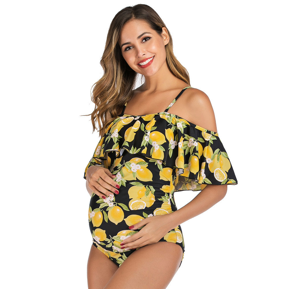 Women's One Piece Off Shoulder Lemon Print Swimsuit