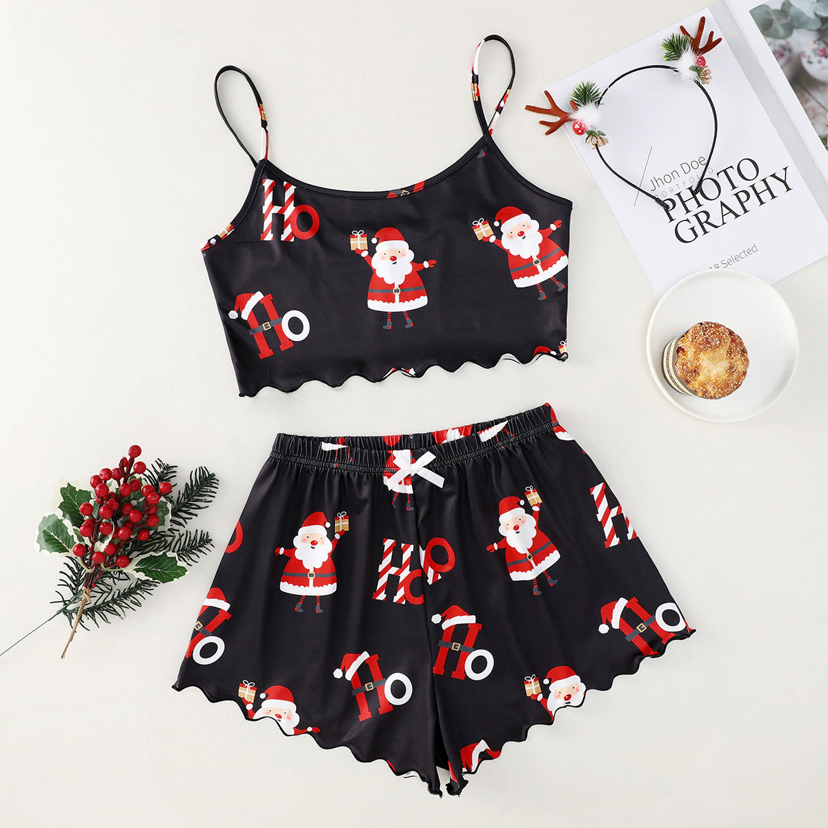 Women's Adorable Two Piece Christmas Pajama Crop Top and Shorts Set