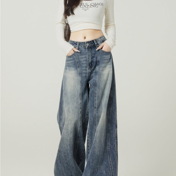 High Street Retro Blue Wide Leg Jeans for Women