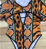 Women’s One Piece Mixed Animal Print Short Sleeve Swimsuit