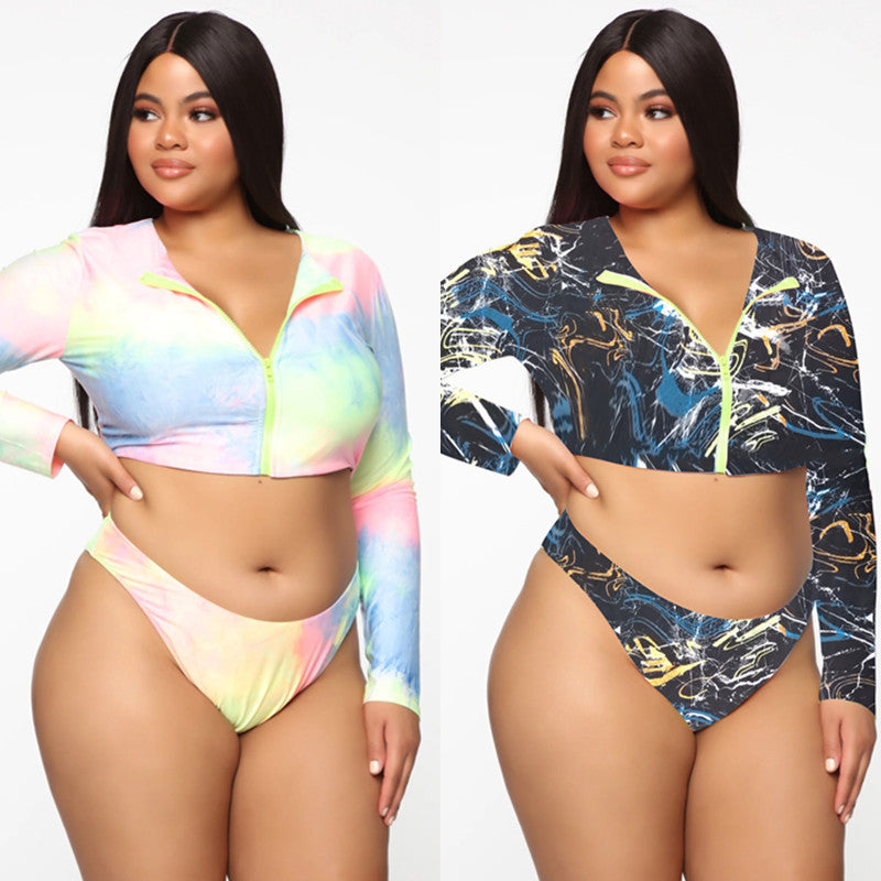 Costume da bagno in bikini colorato taglie forti con maniche lunghe