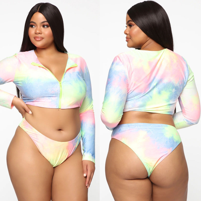 Costume da bagno in bikini colorato taglie forti con maniche lunghe