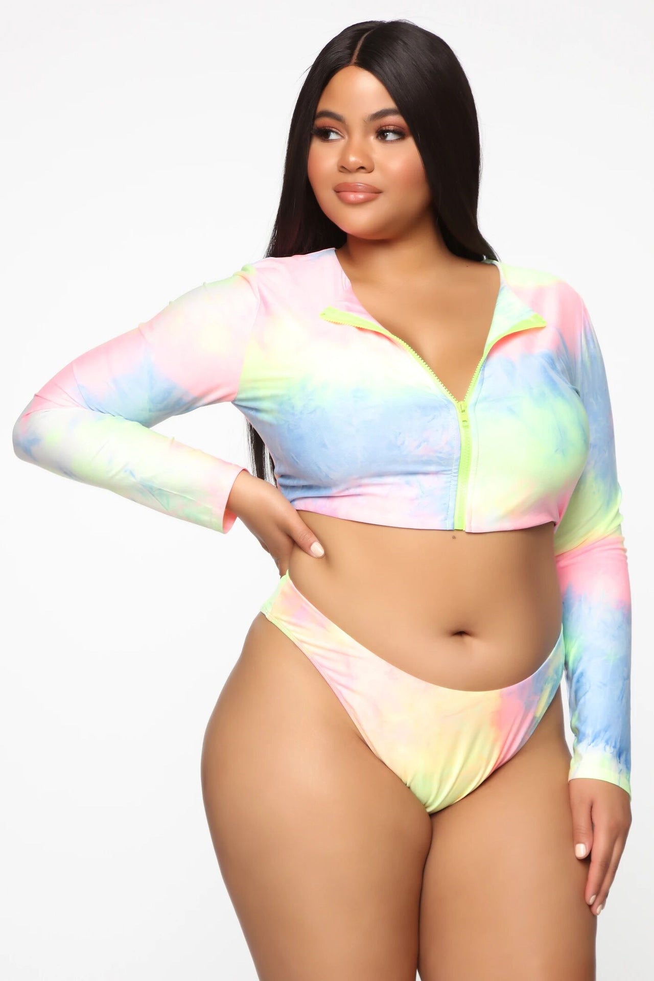 Costume da bagno in bikini colorato taglie forti con maniche lunghe