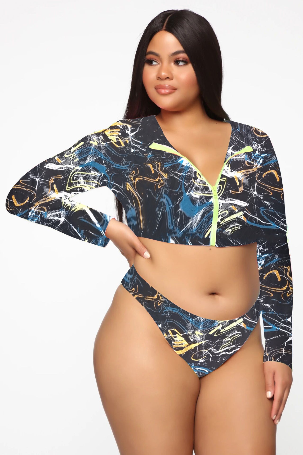 Costume da bagno in bikini colorato taglie forti con maniche lunghe