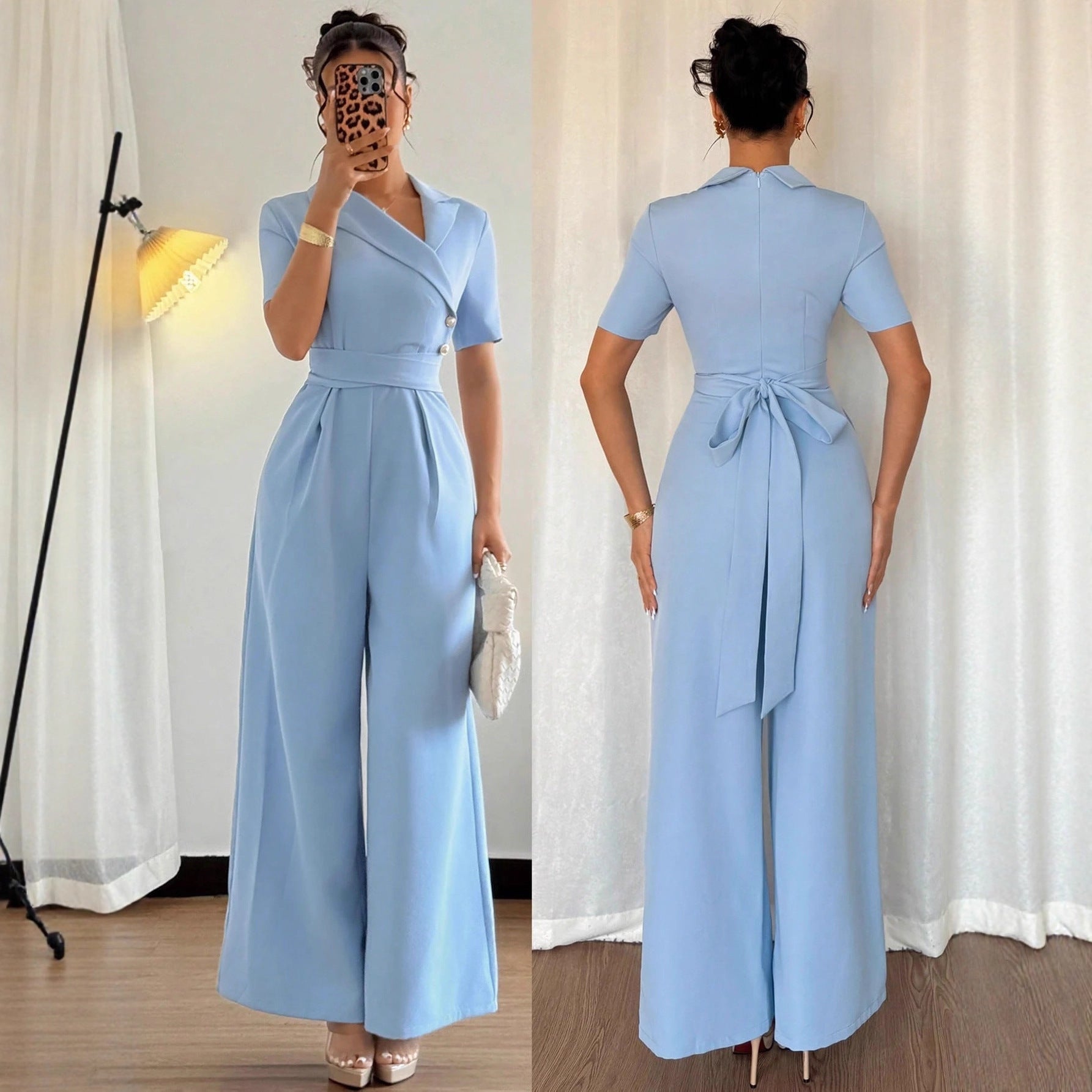 Women's Blue Off-shoulder Belted Slim-fit Jumpsuit