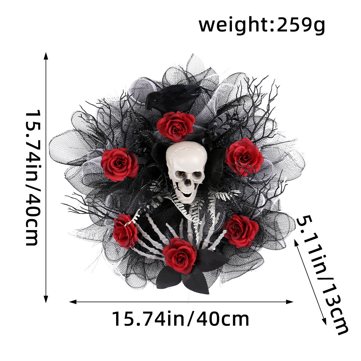 Skull and Roses Halloween Style Wreath in Red, Black and Gray