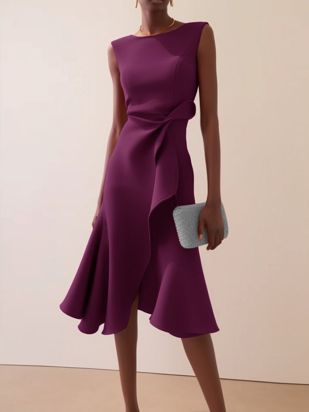 Red Sleeveless Round-Neck Dress with Elegant Temperament