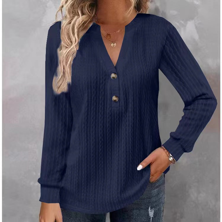 Women's Solid-color Long-sleeve V-neck Button T-shirt Top