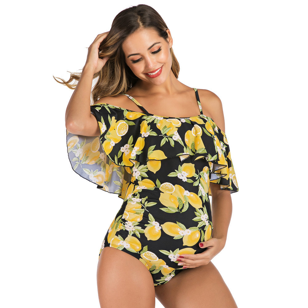 Women's One Piece Off Shoulder Lemon Print Swimsuit