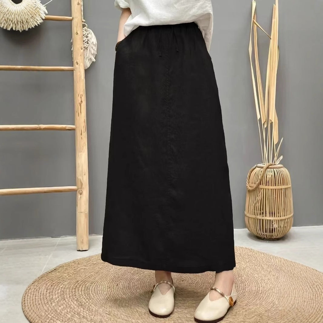 Lace Up Linen High Waist Skirt With Back Slit