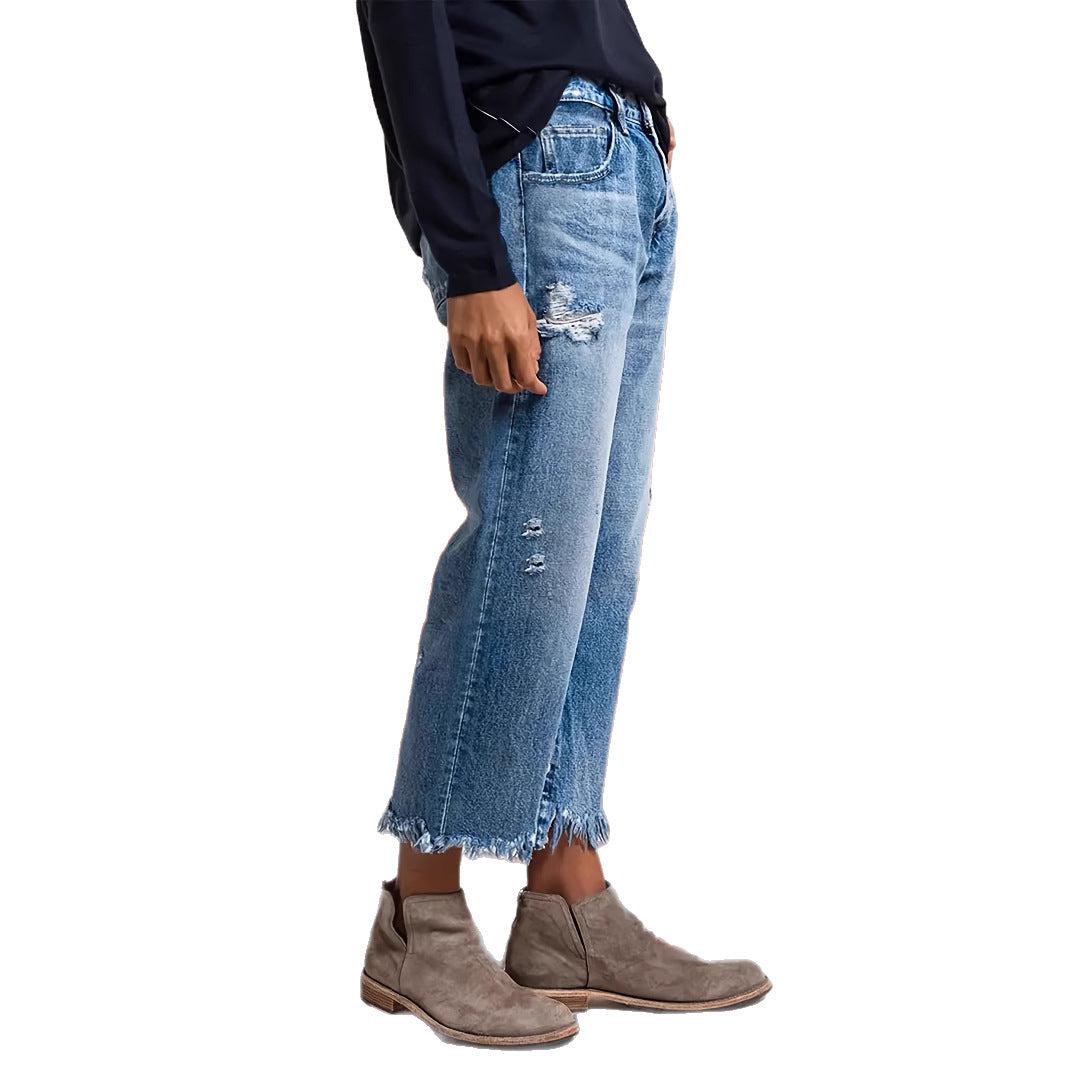 Stretch rechte jeans gescheurd met gemakkelijk bewegingscomfort