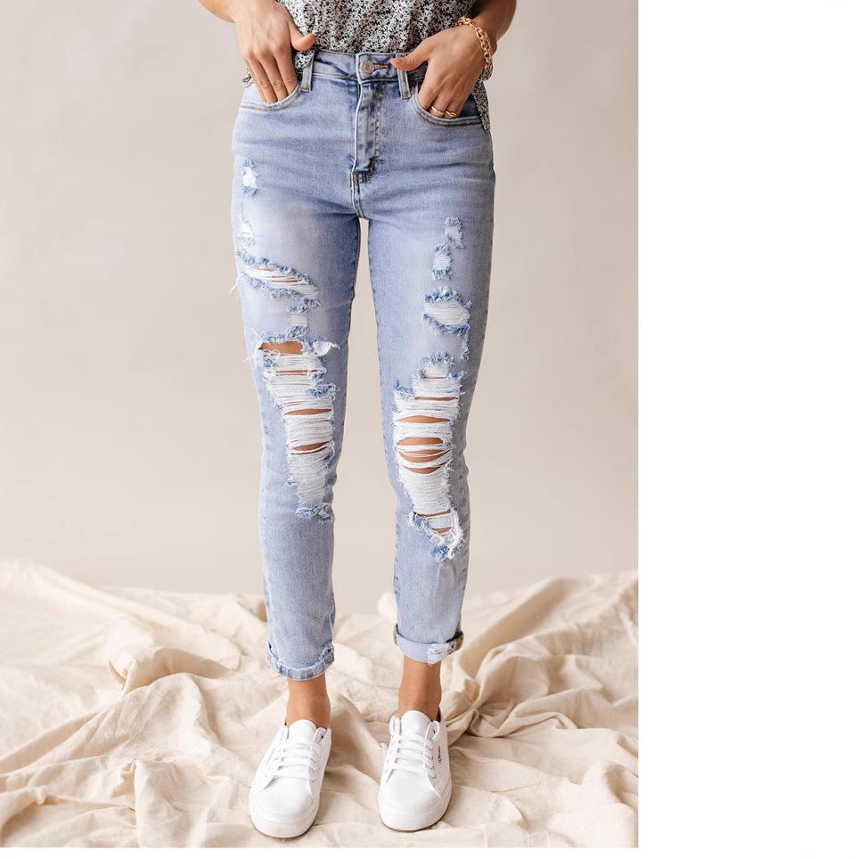 High-Waist Distressed Leisure Jeans for Spring and Summer