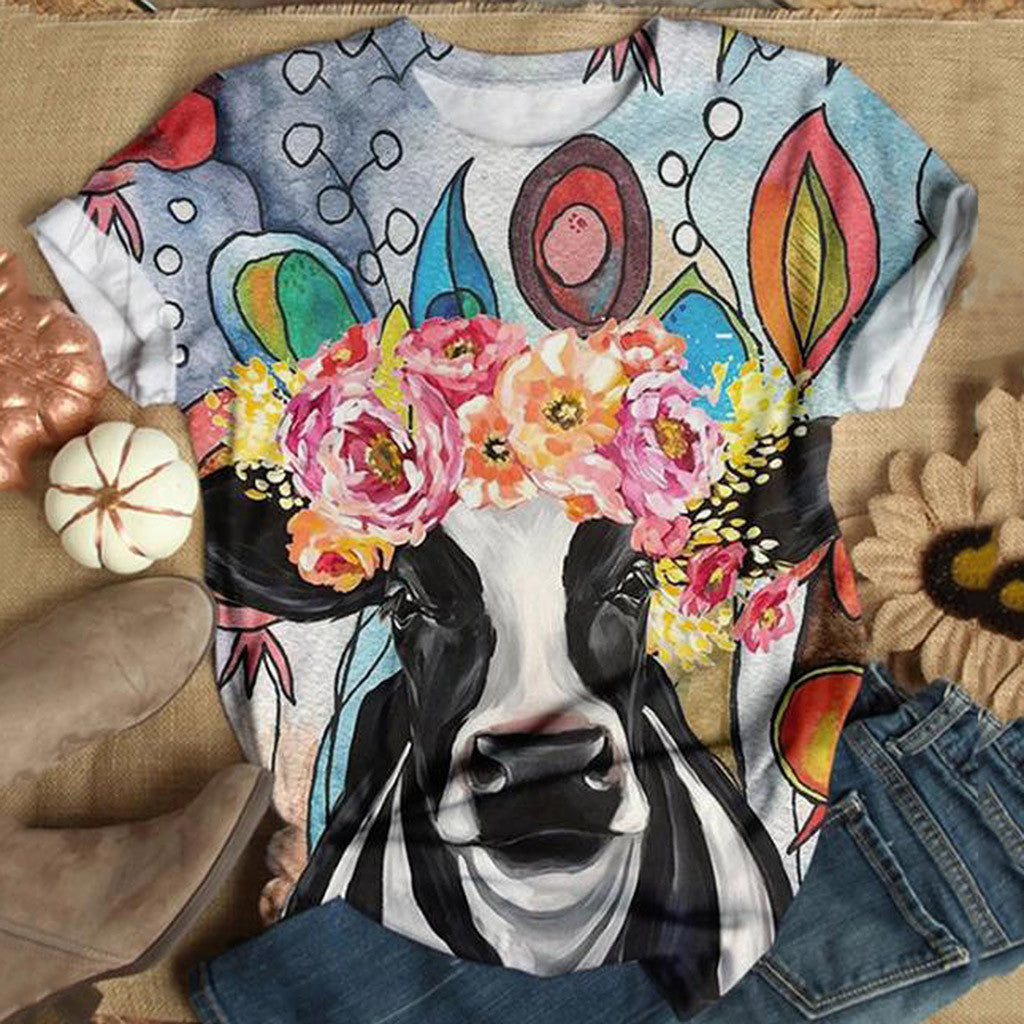 Bull-Head Print Crew Neck Short Sleeve T-Shirt For Women