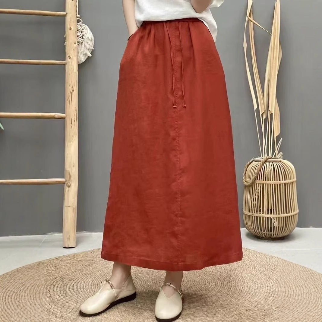 Lace Up Linen High Waist Skirt With Back Slit