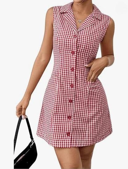Gaun kerah kotak -kotak Prancis yang apik dengan daya pikat retro vintage