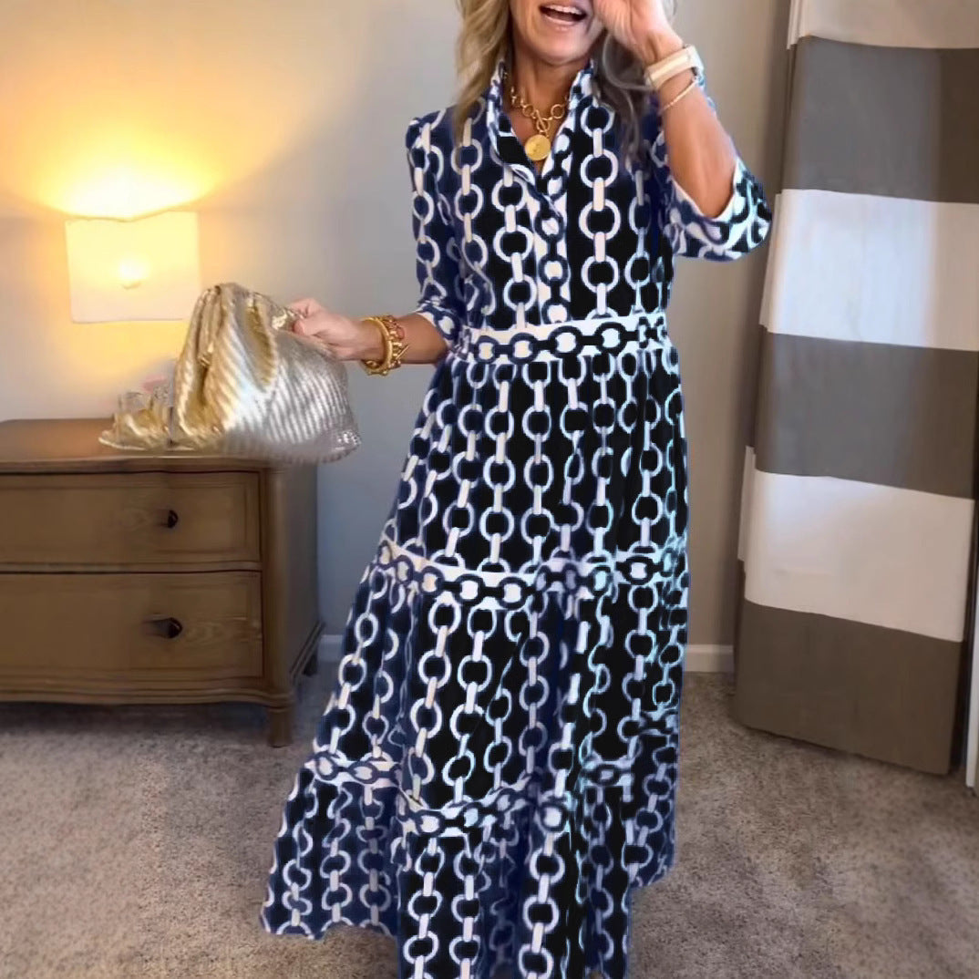 Vestido maxi de impressão geométrica com pescoço redondo para primavera e verão