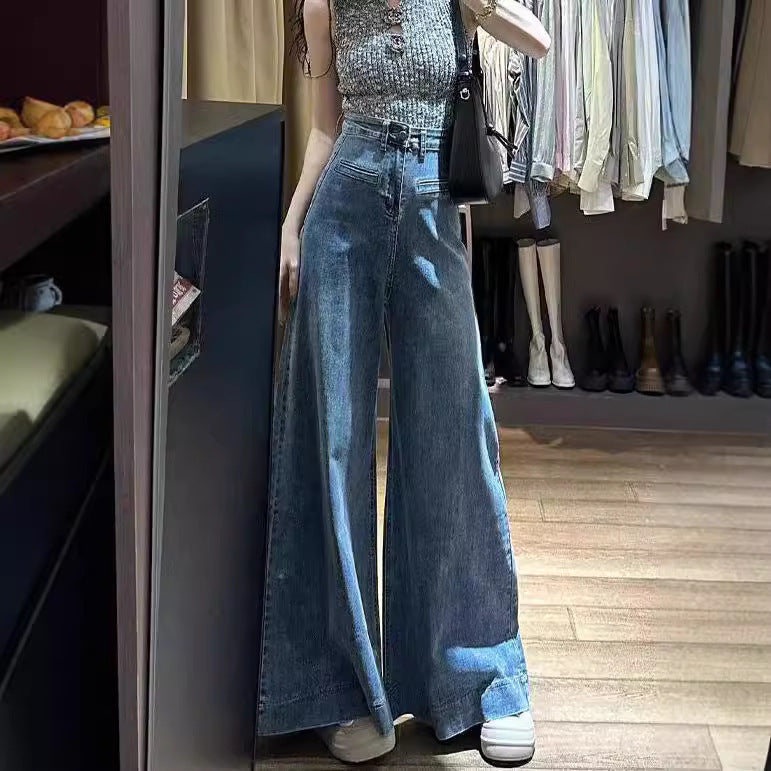 Retro Blue Floor-Length Wide-Leg Jeans with Drape