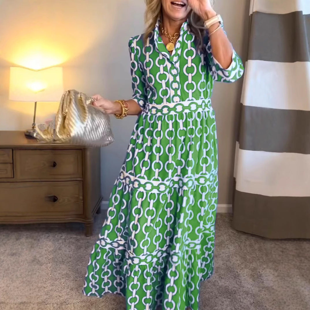 Vestido maxi de impressão geométrica com pescoço redondo para primavera e verão