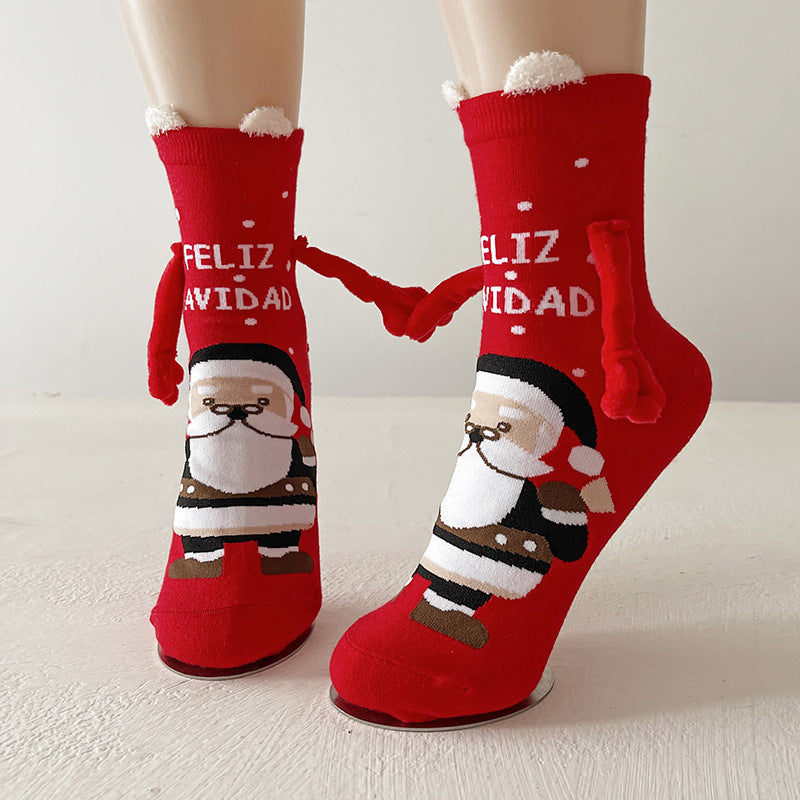 Cute Magnetic Hand Holding Christmas Themed Ankle Socks for Couples