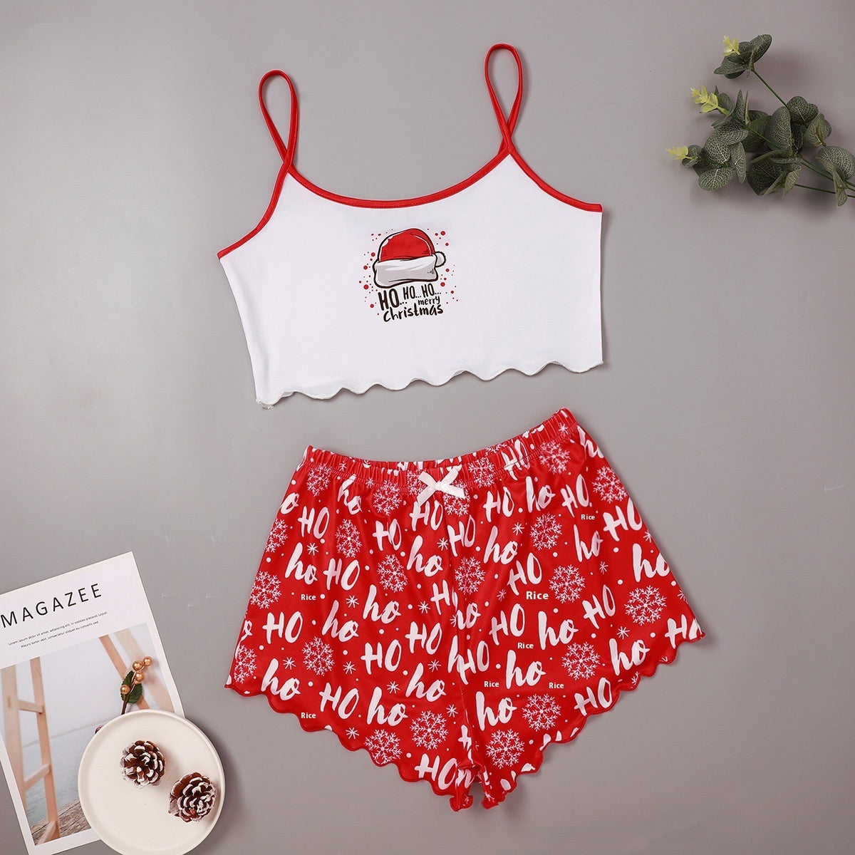 Women's Adorable Two Piece Christmas Pajama Crop Top and Shorts Set